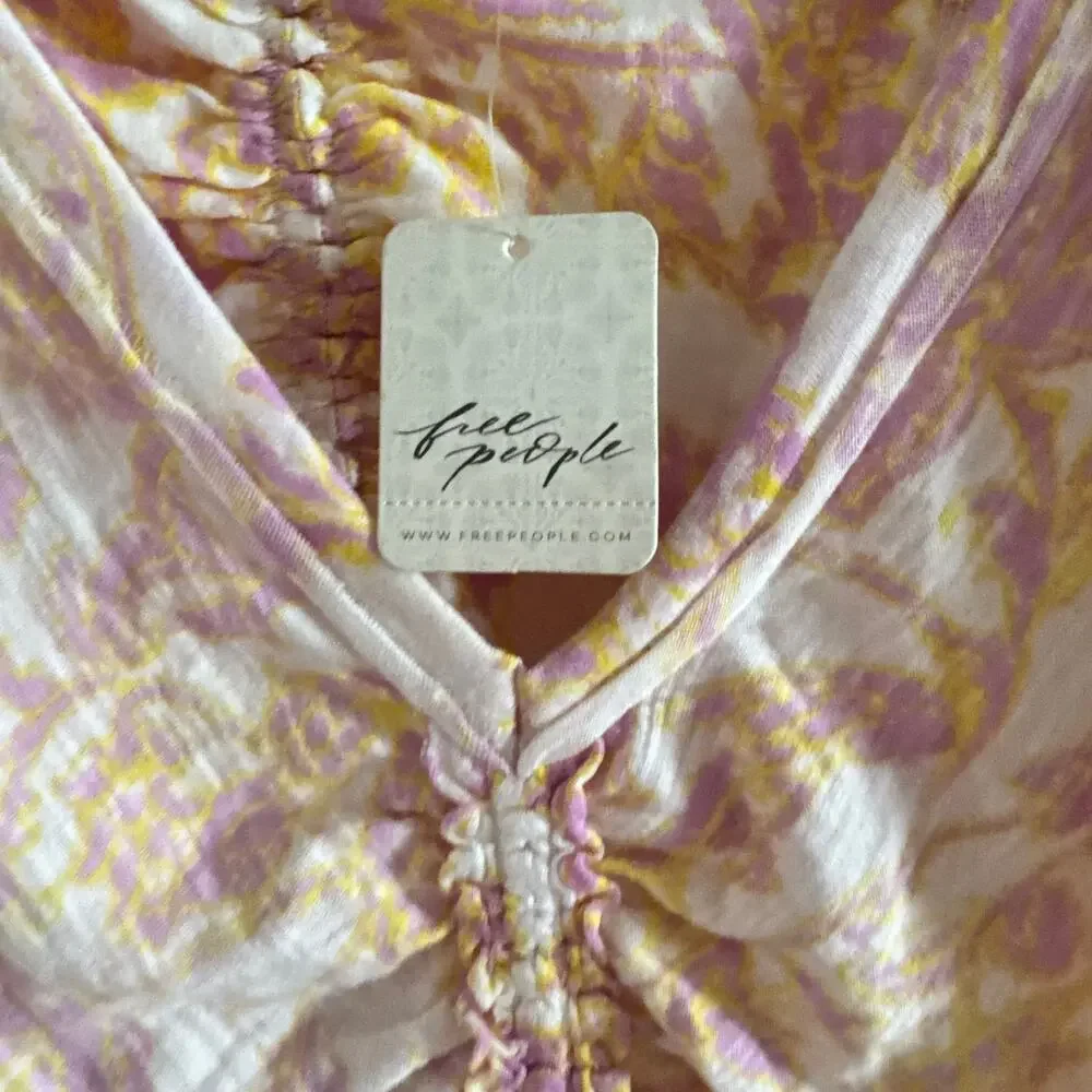 New Free People Say The Word Crop Top Ivory Pink Floral Ruched V-Naeck Sz S